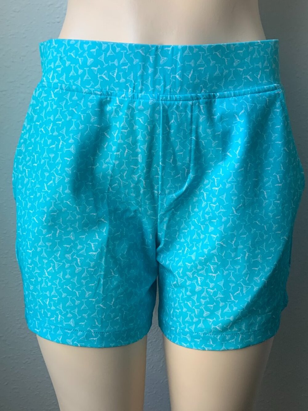 Women's Turquoise Blue Martini Print Athletic Golf Shorts Elastic Waist S